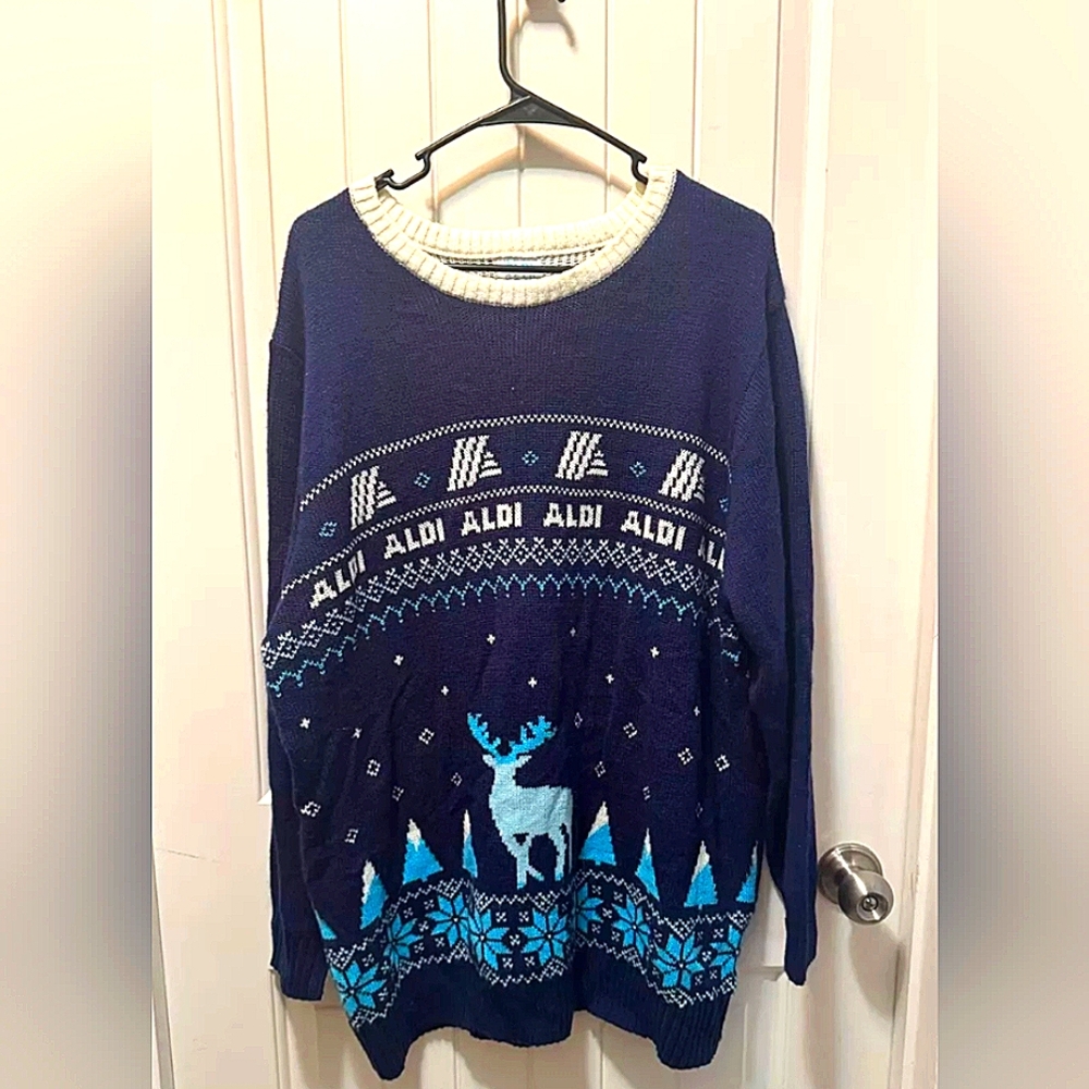 Aldi Gear Holiday Sweater Navy w/ Deer & Aldi Logo Snowflake Size XL Unisex